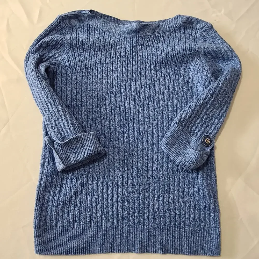 Womens Karen Scott Blue Cotton Knit Sweater Medium 3/4 Sleeve Classic - Picture 3 of 8